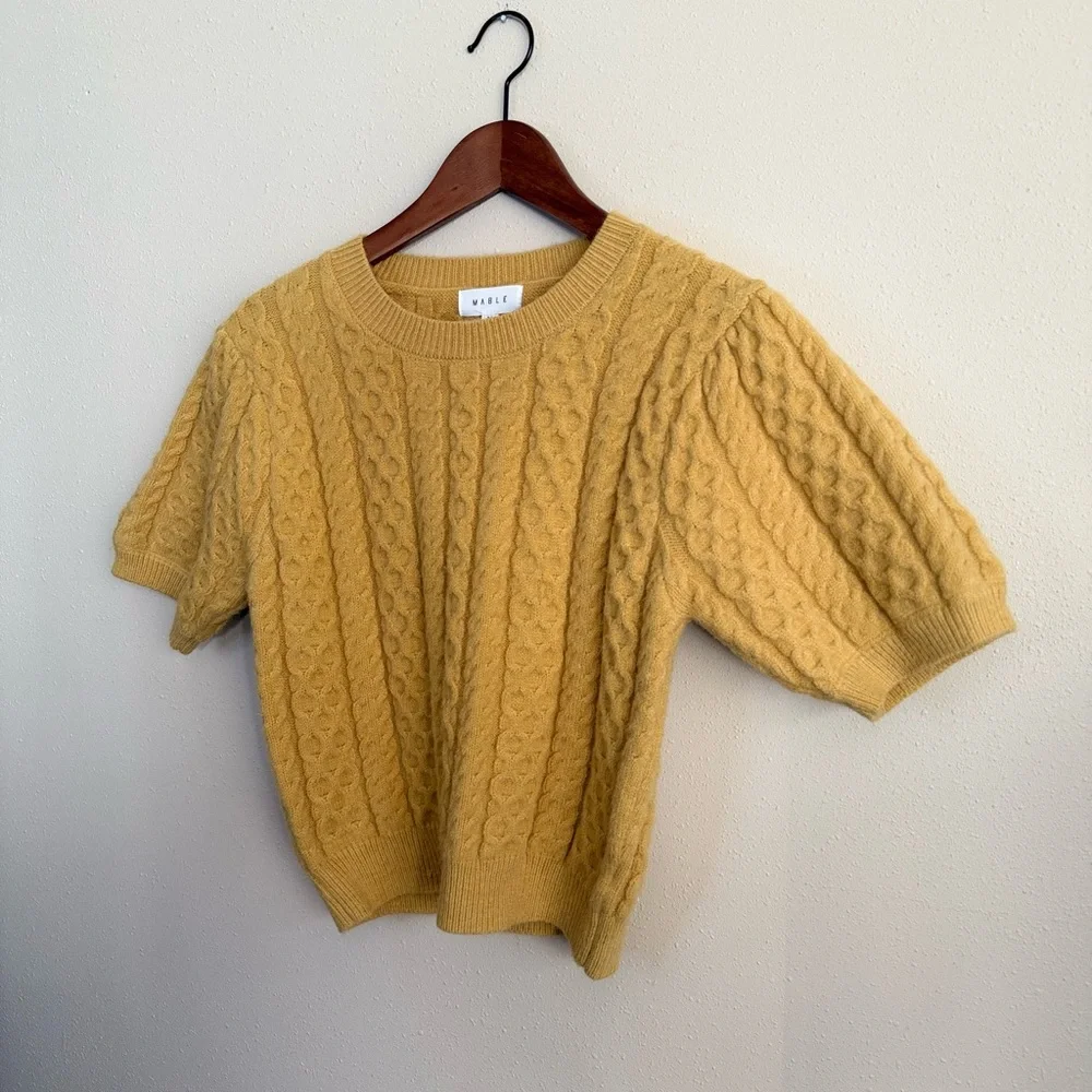 Mable Mustard Cable Knit Sweater Short Sleeve Cozy Cottagecore Medium - Picture 6 of 14